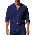 Λεπτομέρεια ανδρικού μπλε πουκαμίσου slim fit από βαμβάκι και λινάρι με όρθιο γιακά - Ναυτικό μπλε