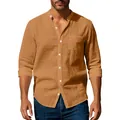 Détail d'une chemise décontractée en coton et lin pour hommes avec col officier - S / Hauts / Marron