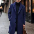 Detail view of men's long navy blue wool overcoat with single-breasted buttons - M / Tops / Navy Blue