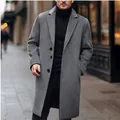 Stylish men's long grey wool coat featuring a single-breasted design and notched lapels - M / Tops / Dark Gray