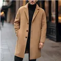 Full view of elegant men's long camel wool coat with single-breasted buttons and notched lapel. - M / Tops / Khaki