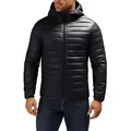 Close-up detail of lightweight black quilted hooded jacket for men winter casual style - M / Tops / Black