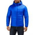 Close-up of lightweight blue hooded puffer jacket for men with horizontal quilting - Sapphire Blue
