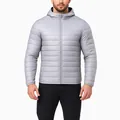 Detail view of men's lightweight hooded puffer jacket in light gray with zipper - 3XL / Tops / Gray