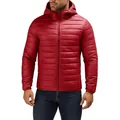 Front view of a men's lightweight red hooded padded jacket with a quilted design. - 3XL / Tops / Red