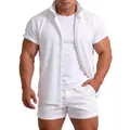 Solid white textured men's short-sleeve casual button-down shirt with lapel collar - S / Tops / White