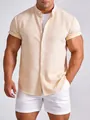 Men's premium cream textured short sleeve casual shirt with stylish stand collar - S / Tops / Khaki