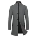 Front view of men's grey mid-length wool coat with a modern stand collar design. - M / Tops / Gray
