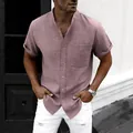Camisa de lino premium de manga corta para hombre con cuello mandarín color rosado - M / Tops / Rojo