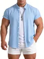 Light blue short-sleeved casual shirt with textured fabric for men's summer style - S / Tops / Light Blue
