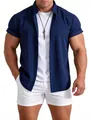 Men's casual short-sleeve shirt in navy blue featuring a premium ribbed texture and slim fit - Navy Blue