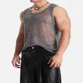 Men's sexy see-through mesh tank top featuring a metallic silver hollow-out design for clubwear - S / Tops / Silver Black