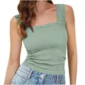 Gros plan sur un débardeur vert clair à fleurs jacquard avec col carré pour femmes - Vert Haricot