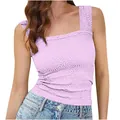 Detail van een lila mouwloze top met vierkante hals en bloemen jacquard textuur - XS / Tops / Roze