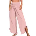 Detailansicht der pinkfarbenen Baumwoll-Leinen-Hose mit hohem Bund und Rüschensaum - Rosa