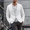 Men's casual white cotton linen blazer jacket styled on model in urban street setting - S / Tops / White