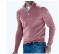 Men's elegant half-zip pink cashmere sweater with long sleeves and standing collar. - Pink