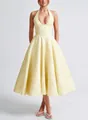 Elegant pale yellow halter V-neck jacquard midi dress with backless detail and flared skirt - S / Bottom (Halter Style) / Yellow