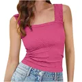 Détail d'un débardeur rose ajusté sans manches avec col carré et texture fleurie - Rose rouge