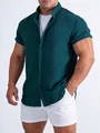 Men's dark teal short-sleeve casual button-down shirt with unique textured fabric design - Teal