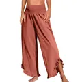 Detailansicht der hohen, elastischen Taille und des Rüschensaums dieser Hose - Orange