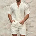 Ανδρικό καλοκαιρινό casual σετ με κοντομάνικο πουκάμισο και σορτς με υφή - M / Τοπ Και Παντελόνι / Ζαχαρί