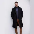 Premium men's mid-length black woolen overcoat featuring a classic elegant lapel collar - M / Tops / Black
