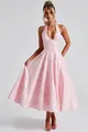 Elegant light pink jacquard halter neck midi dress with plunging V-neck and flared skirt - S / Bottom (Halter Style) / Pink