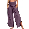 Detailansicht der lila Damen-Leinenhose mit hoher Taille und Rüschen am unebenen Saum - Hellviolett