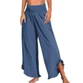 Detailansicht der blauen Damen-Freizeithose mit hoher Taille, Gummibund und Rüschen - Saphirblau
