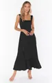 Elegant black square-neck sleeveless maxi dress featuring a high side slit and ruffled hem - S / Black