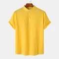 Yellow men's cotton linen short sleeve shirt with mandarin collar and slub texture - Yellow