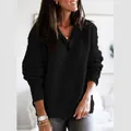 Women's casual black knit pullover sweater with quarter-zip collar - S / Tops / Black