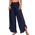 Detailansicht der Damen Freizeithose aus Baumwollleinen mit hoher Taille und Rüschensaum - Marineblau