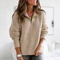 Women's khaki quarter-zip knit sweater, textured long sleeve pullover, casual autumn top - S / Tops / Khaki