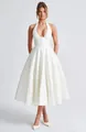 Elegant white halter V-neck jacquard midi dress featuring a voluminous flared skirt - S / Bottom (Halter Style) / White