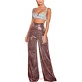 Vue complète du pantalon à paillettes taille haute et du crop top argenté brillant - Bordeaux