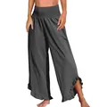 Dettaglio dei pantaloni casual in cotone e lino con vita arricciata e volant sul fondo - Taglia S / Pantaloni e gonne / Grigio scuro