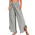 Pantaloni a vita alta arricciata in cotone e lino con orlo a balze irregolari per donna - Taglia S / Pantaloni e gonne / Grigio chiaro