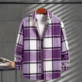 Camisa de cuadros violeta y blanco para hombre de manga larga y ajuste relajado - Púrpura