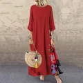 Vestido largo rojo vintage con patchwork floral, mangas 3/4 y botones decorativos. - M / Top Y Pantalón / Rojo
