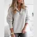 Stylish women's casual quarter-zip textured chunky knit sweater in a grey and white blend - S / Tops / Gray