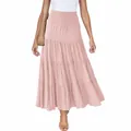 Vue d'en haut d'une jupe longue à volants rose de style bohème avec taille haute élastique - S / Bas / Rose