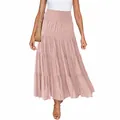 Vue d'en haut d'une jupe longue à volants rose de style bohème avec taille haute élastique - S / Bas / Rose