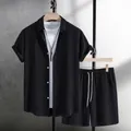 Men's casual black jacquard short-sleeve button-down shirt and matching shorts summer set. - S / Top And Bottom / Black