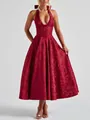 Detailed view of elegant red jacquard halter neck evening gown with deep V-neck and open back - S / Bottom (Halter Style) / Red