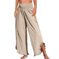 Dettaglio dei pantaloni in cotone e lino a vita alta con fascia arricciata e bordo a volant - Taglia S / Pantaloni e gonne / Kaki