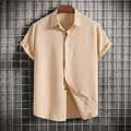 Detail of beige textured short-sleeve shirt with button-down collar and dark buttons - Khaki
