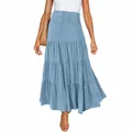Vue détaillée d'une jupe longue à volants bohème bleu clair avec une taille haute élastique - S / Bas / Bleu clair