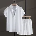 Detailed view of white men's jacquard short-sleeved shirt and shorts casual set - S / Top And Bottom / White